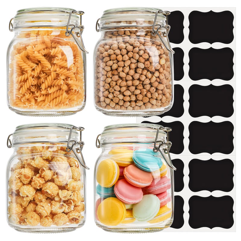 Kingrol Large 34 oz Glass Storage Jars (Approx. 1 Liter), 4 Pack Airtight Clamp Lid Canisters with Wide Mouth for Pantry Organization, Dry Food Storage, Pickling & Fermentation - Image 1